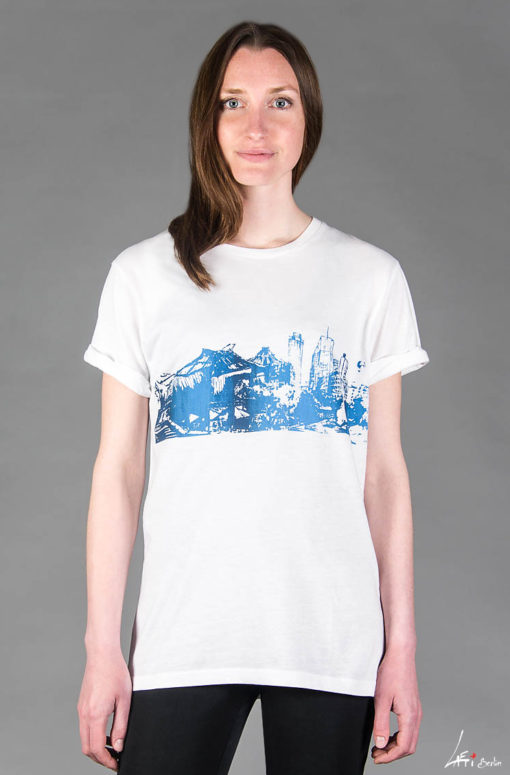 T-shirt Potsdamer Platz manches roulées blanc bleu imprimé unisexe