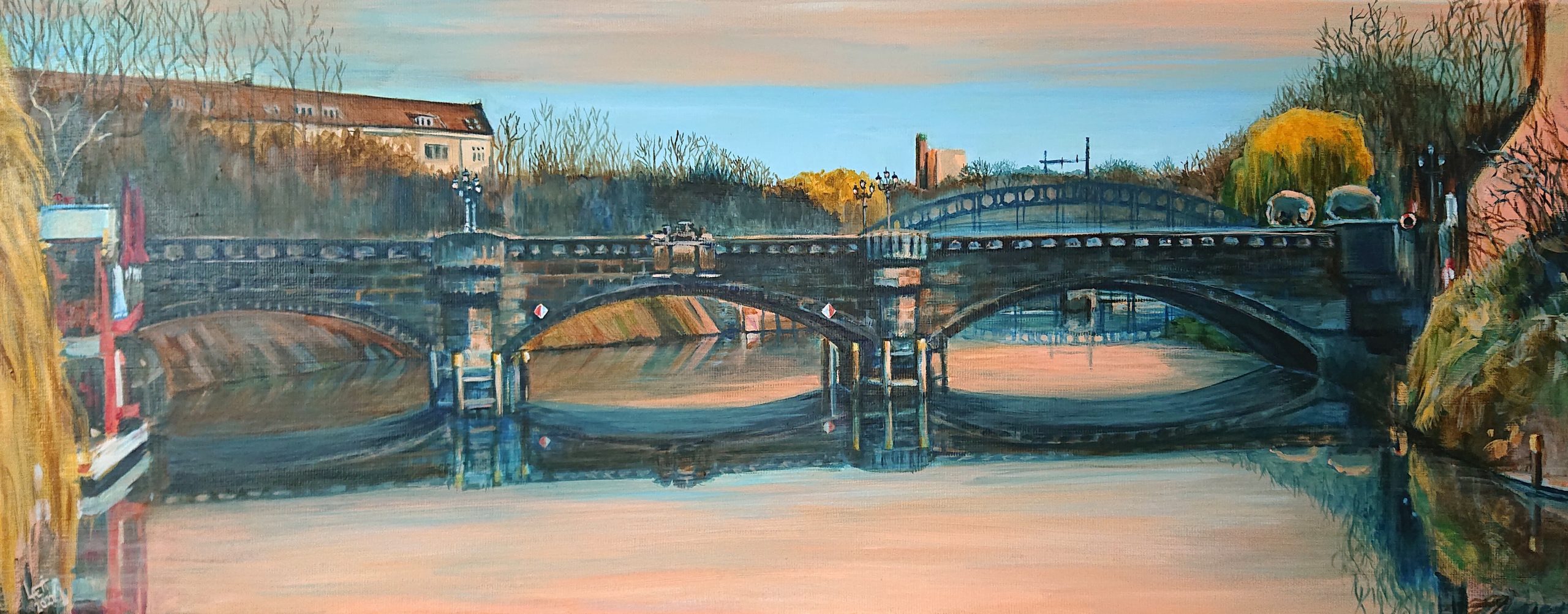 SUNSET- Reflexion Berlin - Bridge Part 3:3, panoramic Serie- acrylic painting on canvas -35 x 70 cm - 12.2021 , Laetitia Hildebrand