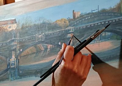 Foto Laeti Zoom hand 1- SUNSET- Reflexion Berlin - Bridge, Panoramic Reflection Serie Nr. 3- acrylic painting on canvas, 01.2022