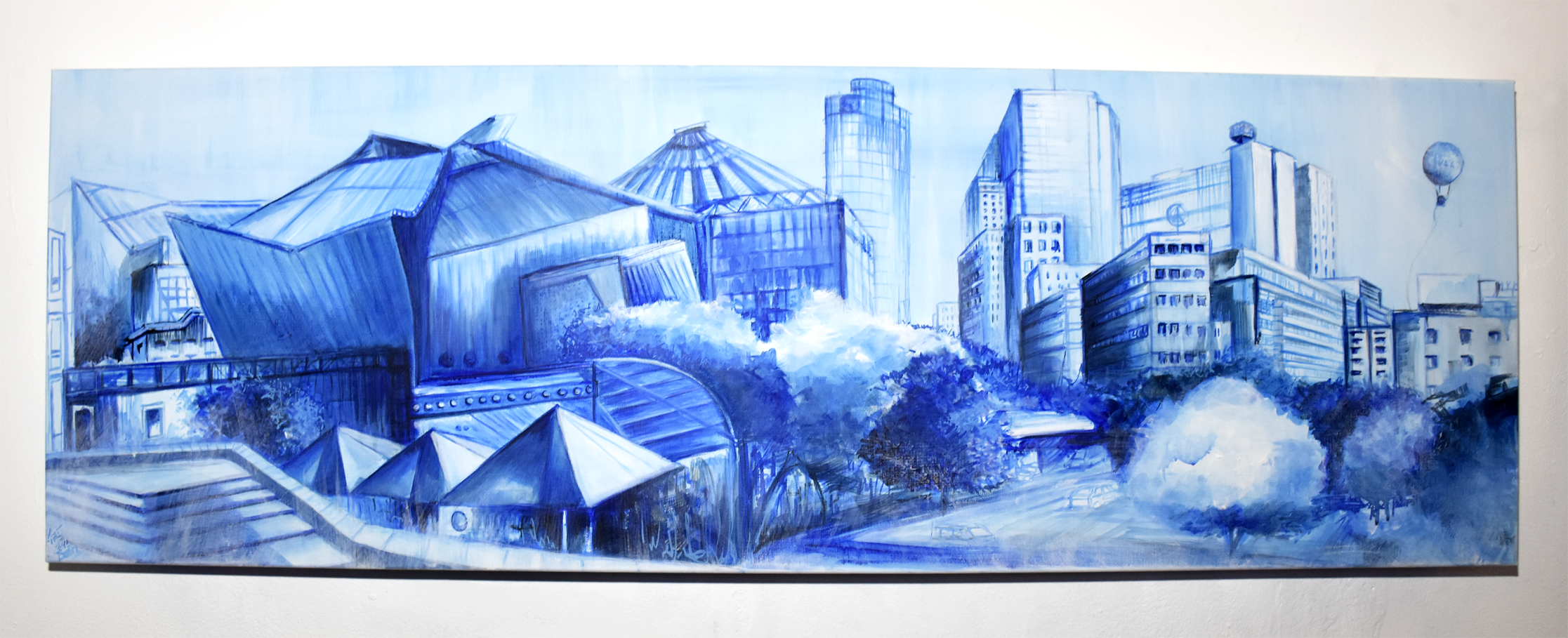 Painting Potsdamer Platz, Philharmonie Berlin- Serie Berlin Blue, 40x120 cm  -03.2022
